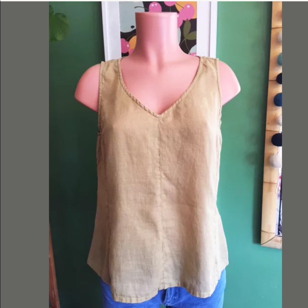 Kleen khaki linen tank w/shirring detail at back